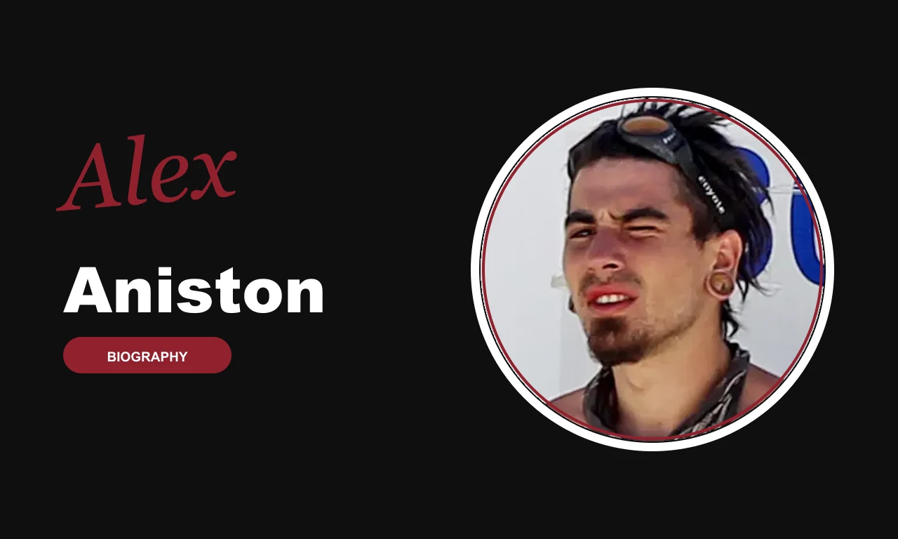Alex Aniston biography banner on dark background