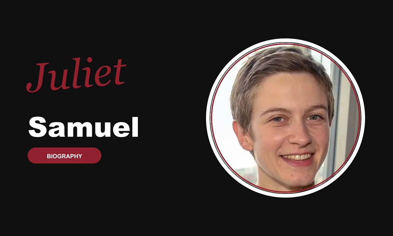 Juliet Samuel biography banner on dark background
