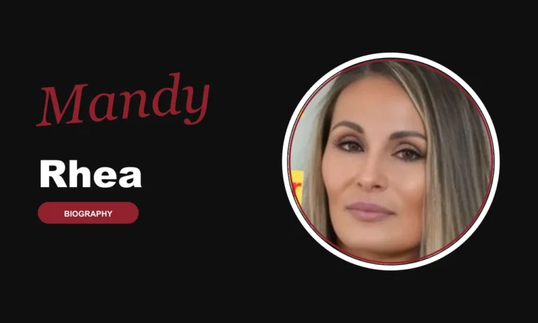 Mandy Rhea biography banner on dark background