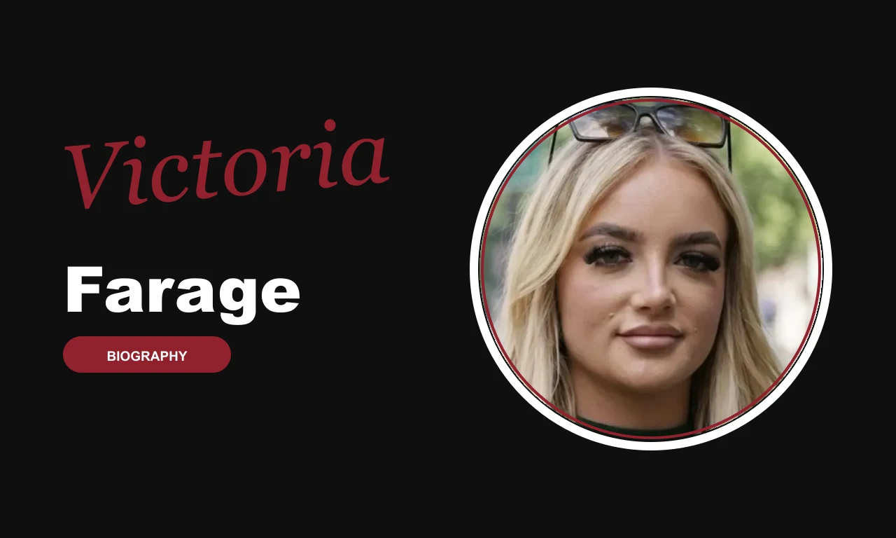 Victoria Farage biography banner on dark background
