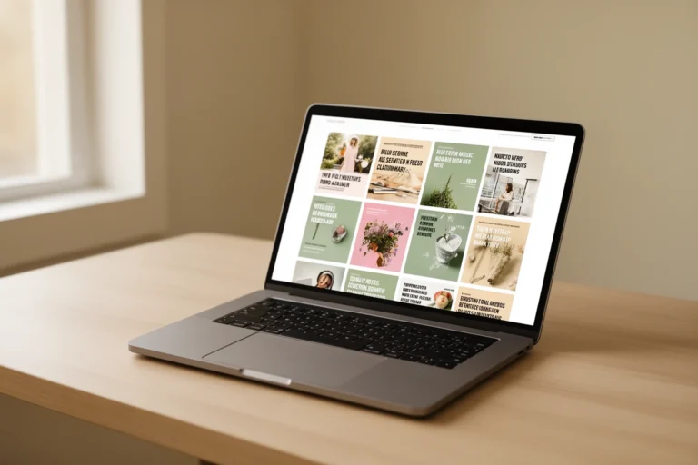 Glossywise com multi-topic content platform displayed on laptop screen in modern workspace