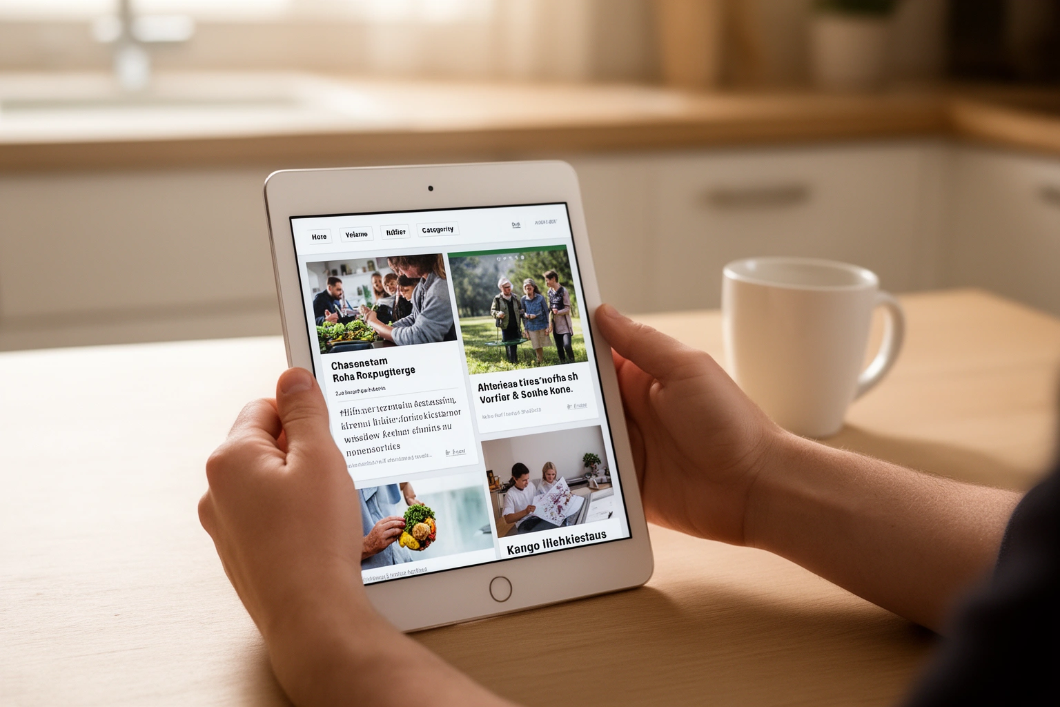 Person browsing multi topic content site on tablet evaluating credibility before trusting new platform