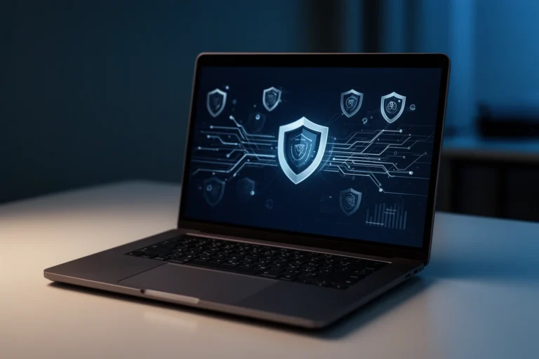 Droven io cybersecurity updates dashboard shown on laptop in modern office