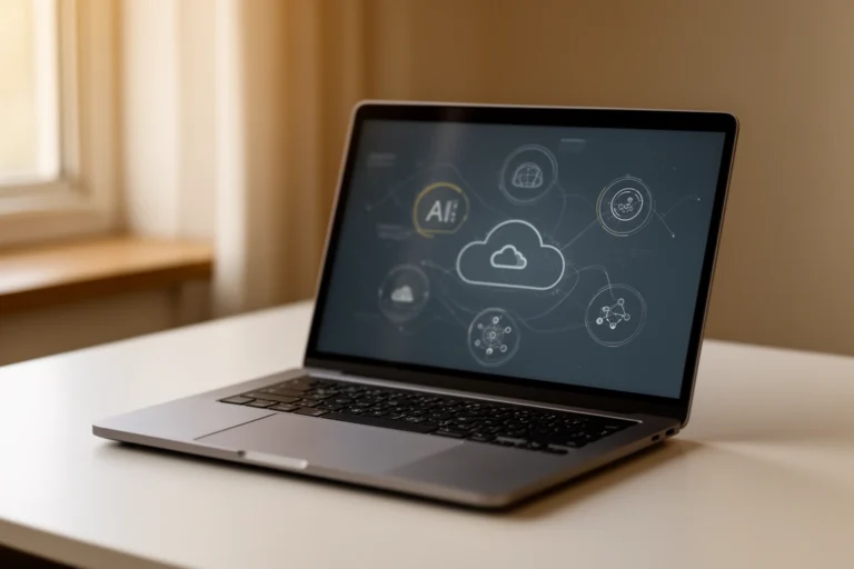 Droven io usa tech coverage of AI and cloud innovation shown on laptop