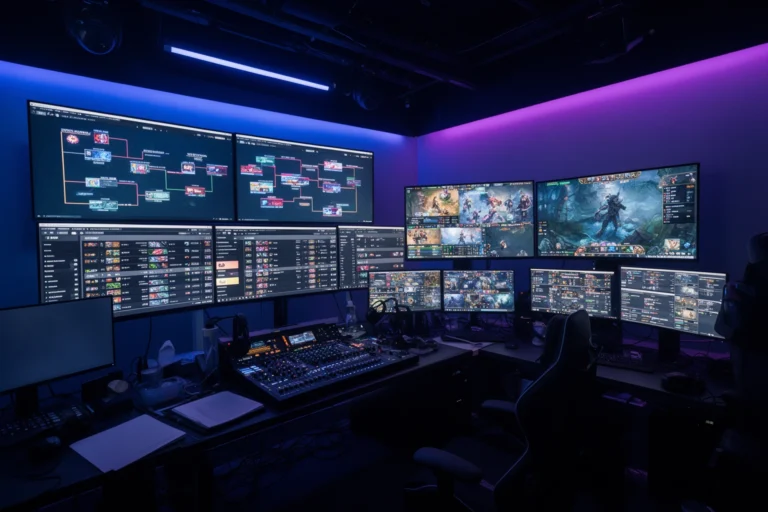 Esports news DualMedia coverage setup showing gaming tournament broadcast monitors