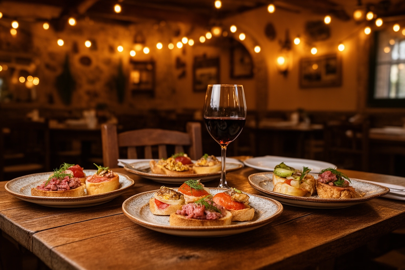 Spanish restaurant tapas dining table with traditional dishes