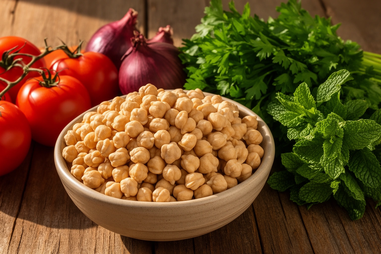 Mediterranean market fresh produce chickpeas and herbs