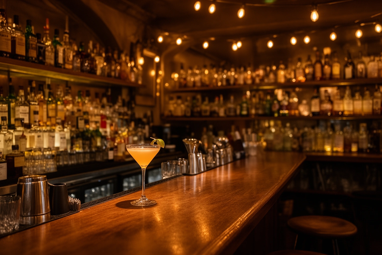 Craft cocktail bar with bartender preparing drinks