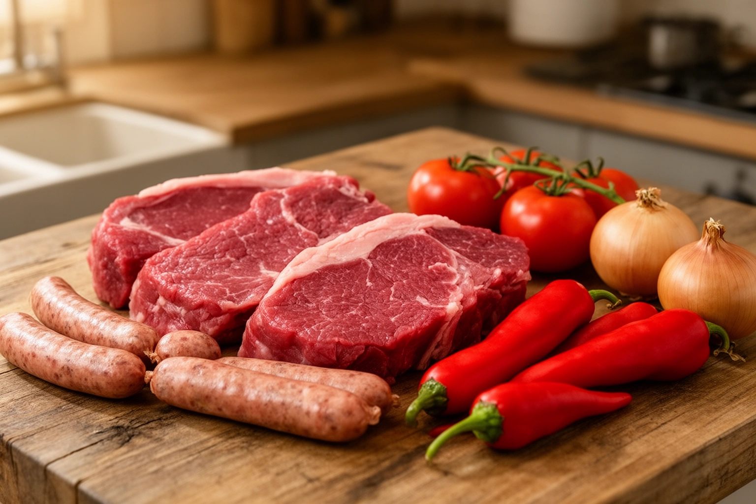 Bolivian kitchen fresh ingredients beef and locoto peppers