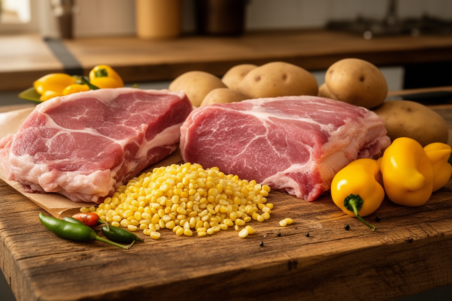 Bolivian kitchen fresh ingredients pork and hominy corn
